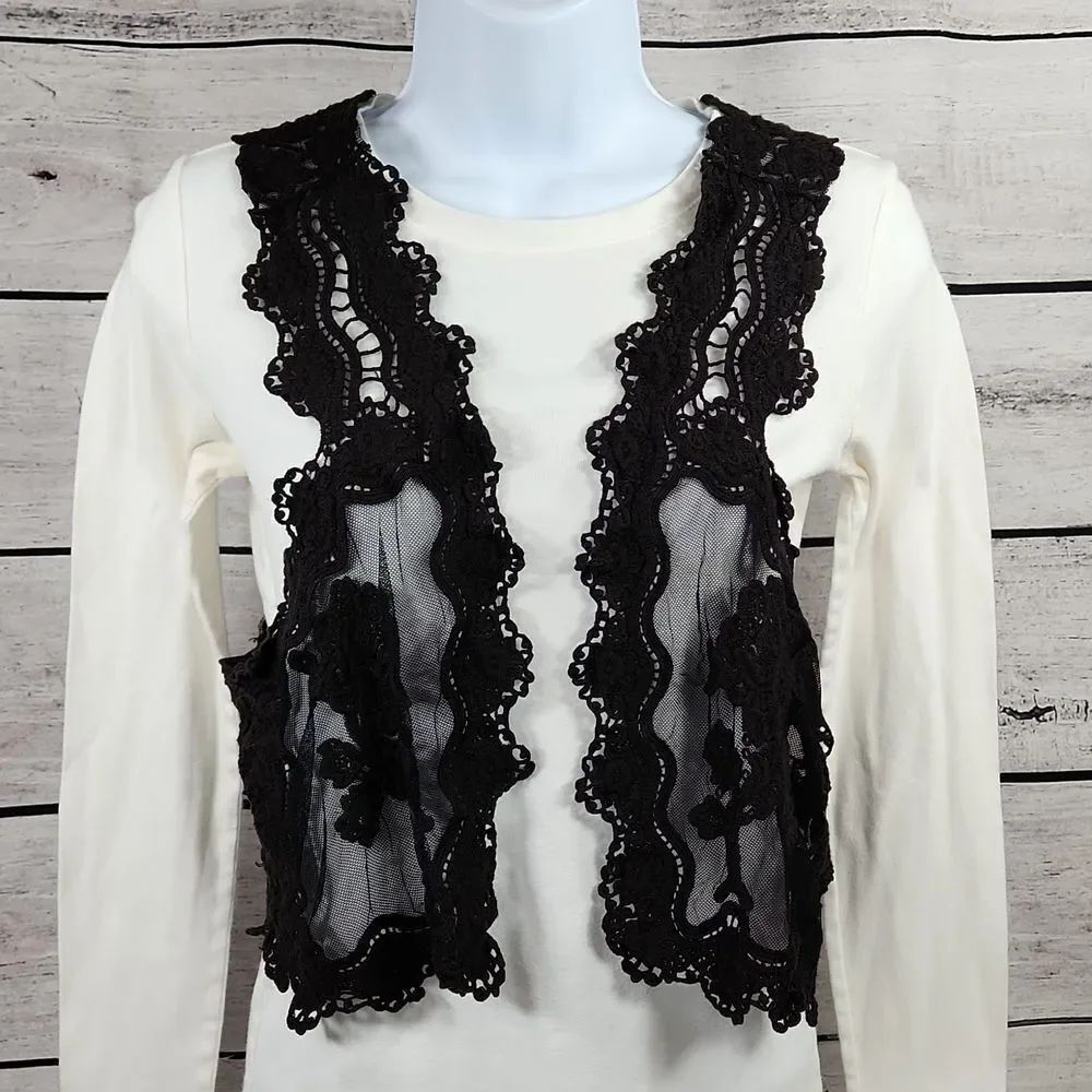 🐞H.I.P. Black Embroidered Lace Open Front Sleeveless Vest Large